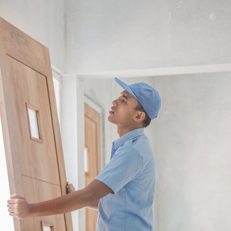 Interior door installation and wooden shelving units for upgraded room layouts.