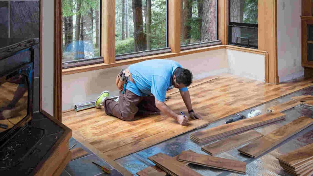 Professional wood flooring repair service fixing damaged planks