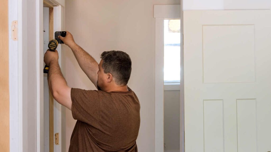Carpenter installing internal wooden door with precision fitting