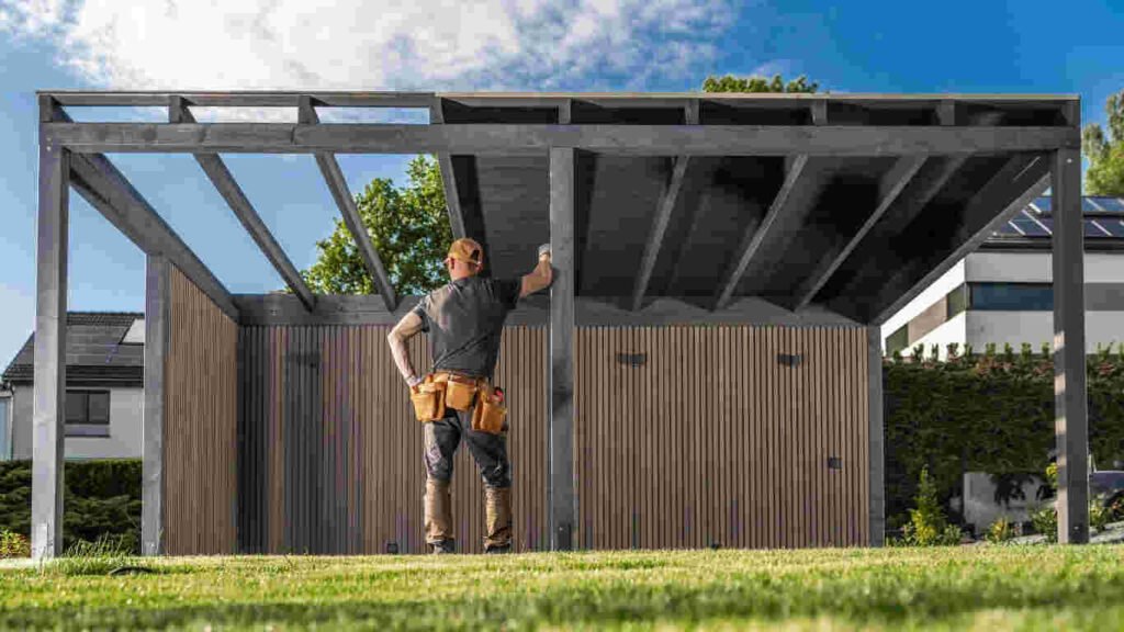 Durable outdoor wood shed with weather-resistant features