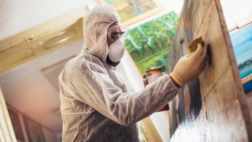 Expert team performing wood door restoration on a front door